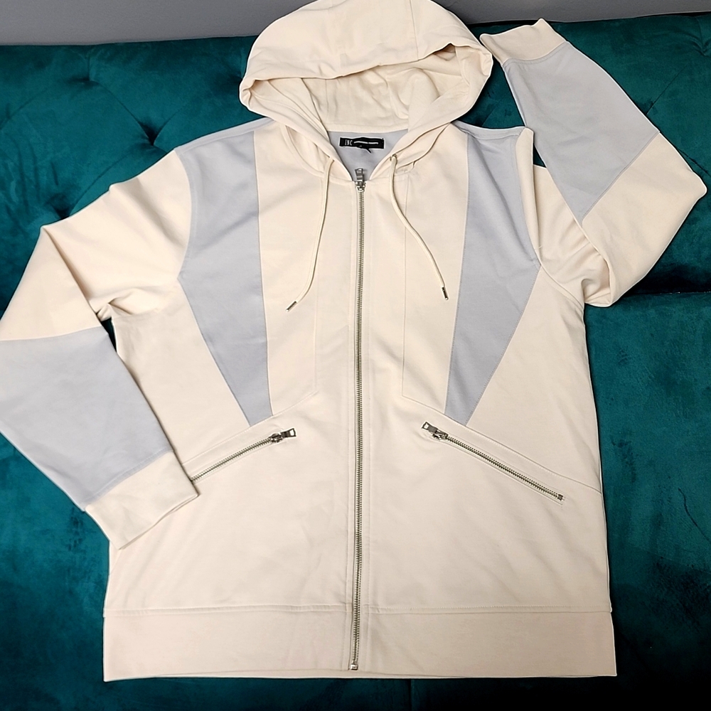International Concepts Timeless Cream and Grey Zip UpHoodie Mens Size Large